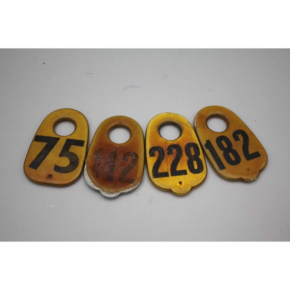 Vintage Cattle Tags Heavy Metal Coated w/Vinyl? #75, 112, 228, 182 NC Cows HTF